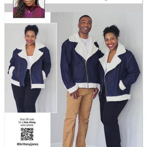 May include: A pattern cover featuring a woman and a man wearing matching denim jackets with white faux fur trim. The cover includes the text "KNOW ME by mimiG" and "ME2132". A headshot of a woman is in the upper left corner.