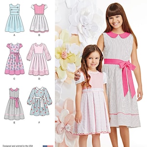 May include: A sewing pattern for girls' dresses. The pattern includes six different styles of dresses, all with a variety of colors and patterns. The pattern is designed for girls ages 4-12.