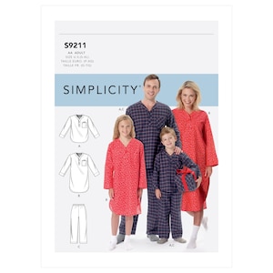 May include: Simplicity sewing pattern S9211 for pajamas. The pattern includes instructions for making pajamas for adults and children. The pattern shows a man, woman, girl, and boy wearing pajamas in a plaid and floral print.
