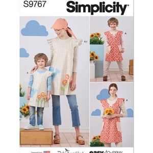 May include: Simplicity sewing pattern S9767 for a sleeveless apron dress with a ruffled neckline and pockets. The pattern includes three sizes: adult, child, and toddler. The dress is shown in a variety of fabrics, including gingham, floral print, and solid colors. The pattern is easy-to-sew and includes instructions for making the dress.