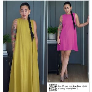 May include: Image of a Simplicity sewing pattern featuring two sleeveless dresses. One model wears a mustard yellow maxi dress, the other a fuchsia mini dress. The pattern is labeled S3230 and includes the text "easy-to-sew".