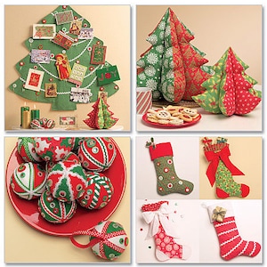 May include: A collection of Christmas decorations, including a felt Christmas tree, felt ornaments, and felt stockings. The decorations are all in shades of red and green.