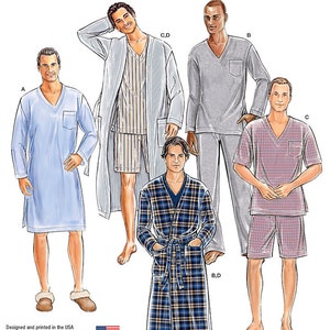 May include: A sewing pattern for men's pajamas and a robe. The pattern includes four different styles: a long-sleeved nightshirt, a long-sleeved pajama top and pants, a short-sleeved pajama top and shorts, and a robe with a plaid pattern. The pattern is designed and printed in the USA.