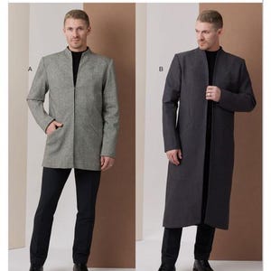 May include: Vogue Patterns sewing pattern for a men's coat. The image shows two versions of the coat: a mid-length gray coat and a long charcoal coat. Both coats have a mandarin collar and a front opening.