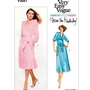 May include: A sewing pattern for a wrap dress, designed by Diane von Furstenberg. The pattern is for a long-sleeved dress with a V-neckline and a wrap skirt. The pattern is available in sizes 6-14.