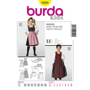 May include: A Burda Kids pattern featuring a Dirndl dress. The pattern includes illustrations of the dress and its components, with size options. The main image shows a girl wearing a Dirndl dress with a pink apron and black skirt.