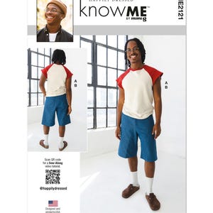 May include: A sewing pattern for a short-sleeved shirt with a contrasting color on the sleeves and a pair of shorts. The pattern is called "knowME" by mimig and has the number ME2121.