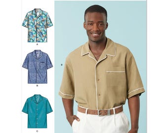 May include: Simplicity sewing pattern S3075 for a shirt with three different variations. The pattern shows a model wearing a tan shirt with white piping and a white pocket. The shirt has a collar and short sleeves. The model is wearing white pants and a brown belt. The pattern also shows three different shirt designs: a tropical print, a blue and white geometric print, and a solid teal shirt.