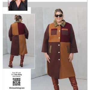 May include: A color-block coat sewing pattern by Know Me. The coat features a patchwork design in shades of brown, tan, and burgundy, with a green collar and pocket accents. The pattern includes the text "ALISHA GRACE know me by mimi g" and "ME2150".