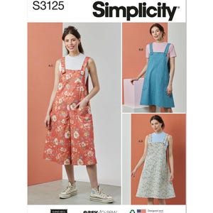 May include: A sewing pattern for a sleeveless, button-up overall dress with pockets. The pattern includes three different styles: a floral print, a solid blue, and a floral print with a shorter length. The pattern is labeled "Simplicity S3125" and is designed and printed in the USA.