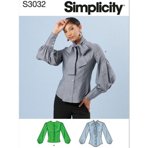 May include: A sewing pattern for a blouse with a bow tie collar. The pattern includes three different views: a green blouse, a blue blouse, and a gray blouse. The pattern number is S3032 and the brand is Simplicity.
