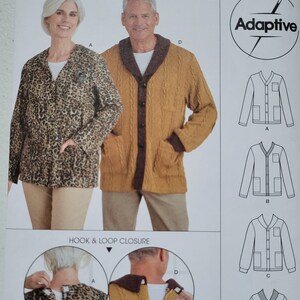 May include: A sewing pattern for a cardigan with a hook and loop closure. The pattern is for sizes XS-XL and includes instructions for making the cardigan in a variety of fabrics. The pattern is from Simplicity and is part of their Adaptive line.