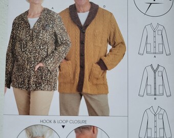 May include: A sewing pattern for a cardigan with a hook and loop closure. The pattern is for sizes XS-XL and includes instructions for making the cardigan in a variety of fabrics. The pattern is from Simplicity and is part of their Adaptive line.