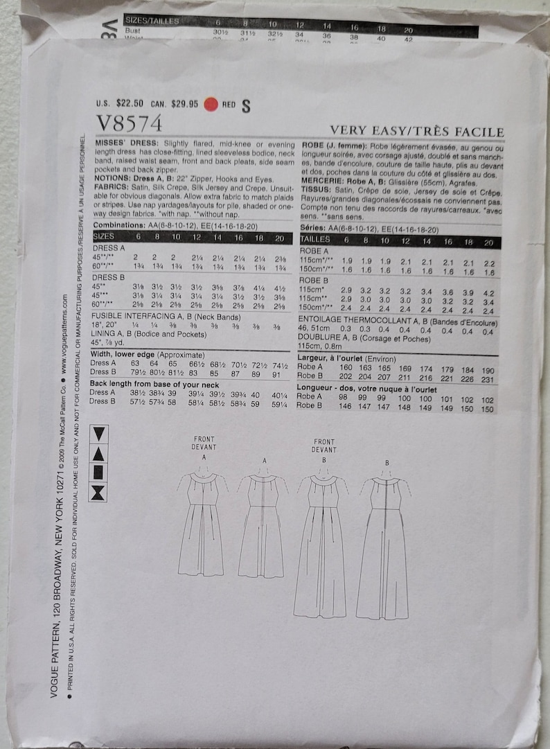 OUT of PRINT Vogue Sewing Pattern V8574 Misses' Dress - Etsy