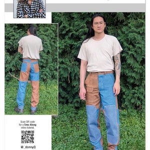 May include: A sewing pattern package with the text "DONNY Q knowME by mimi g" and the number "ME2154". The package features a person wearing a beige t-shirt and color-blocked jeans with blue and brown panels. A smaller image shows the person from the back.