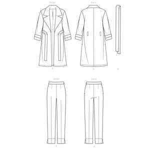 Pu&ograve; includere: Disegno a tratto di un completo trench e pantaloni da donna. Il trench &egrave; mostrato davanti, dietro e di lato, con cintura. I pantaloni sono mostrati davanti e dietro. Il design &egrave; in bianco e nero.