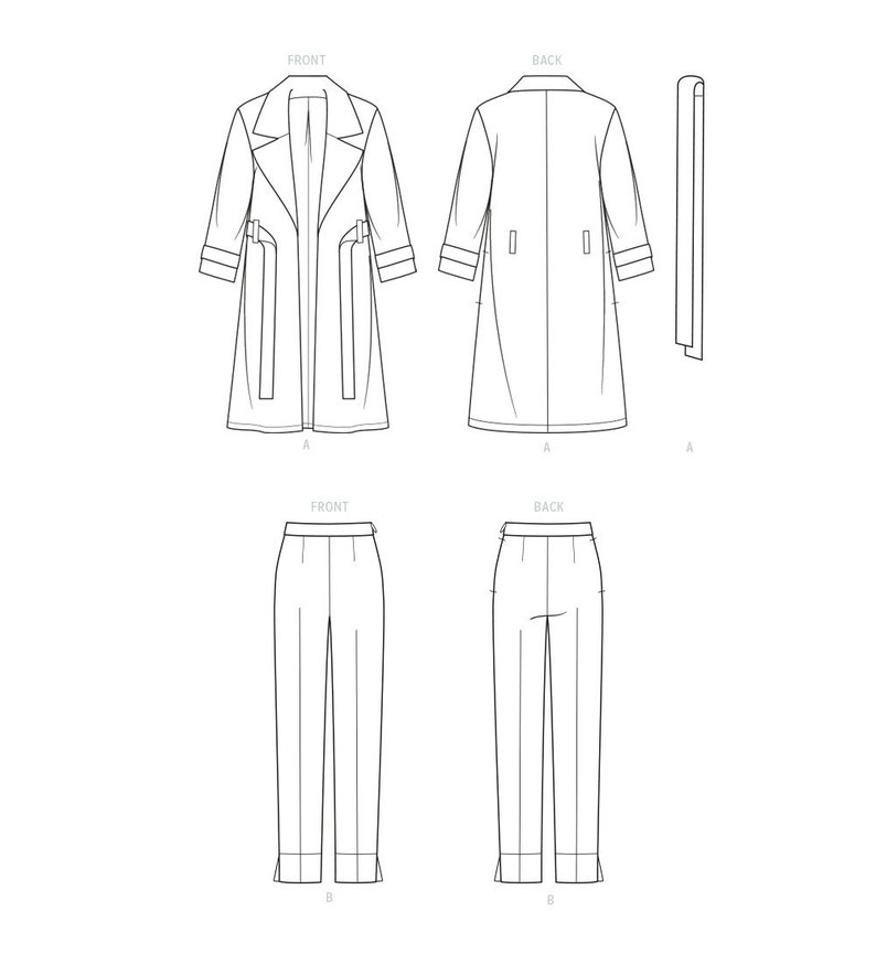 Pu&ograve; includere: Disegno a tratto di un completo trench e pantaloni da donna. Il trench &egrave; mostrato davanti, dietro e di lato, con cintura. I pantaloni sono mostrati davanti e dietro. Il design &egrave; in bianco e nero.