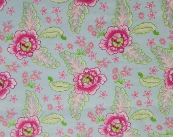 Pink Flowers on Blue Flannel Fabric sold by the yard