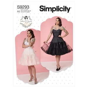 May include: Simplicity sewing pattern S9293 for a dress and petticoat. The pattern includes two views: a black dress with a sweetheart neckline and a pink petticoat. The pattern is for sizes US 6-14, Euro 32-40, and French 34-42.