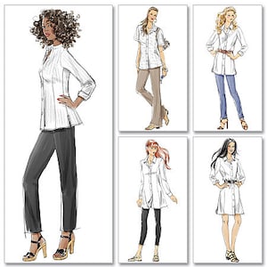 May include: Four different illustrations of women wearing a white long-sleeved shirt with a button-down front. The shirt has a relaxed fit and is styled with different pants and shoes.