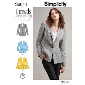 May include: A sewing pattern for a blazer with three different sleeve styles. The pattern is from Simplicity and is numbered S8844. The pattern includes instructions for making a blazer with a classic, a puffed, and a bell sleeve.