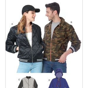 May include: McCall's sewing pattern M7637 for a bomber jacket with a zipper closure. The pattern includes four variations: a black quilted jacket, a camouflage jacket, a grey and black jacket, and a blue hooded jacket.
