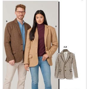 May include: McCall's pattern M8614 features two blazers. One is a tan blazer, and the other is a brown blazer. The pattern includes a diagram of a plaid blazer. The text "Designed and printed in USA" is also visible.
