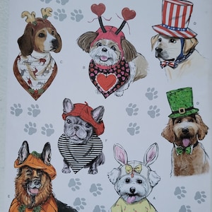 May include: A Simplicity sewing pattern for making dog costumes. The pattern includes five different costumes: a reindeer, a ladybug, a top hat, a leprechaun, and a bunny. The pattern is for sizes S-L.