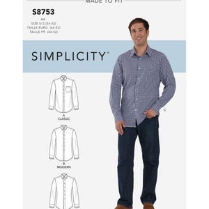 May include: Simplicity pattern S8753 for men's shirts, featuring classic, modern, and slim fit styles. The image shows a man wearing a blue and white checkered shirt and dark blue jeans. The pattern includes sizes 34-42.