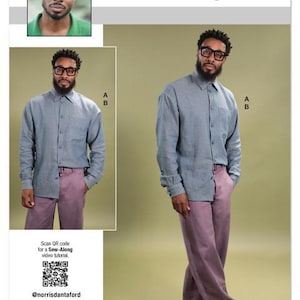 May include: A sewing pattern package featuring a man in a blue button-down shirt and mauve pants. The package includes the text "KNOW ME" and "ME2142". The package also includes a QR code for a video tutorial and the text "Designed and printed in USA".