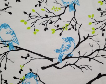 Blue Sketch Birds on Branches Snuggle Flannel Fabric (1 yard 20 inches)