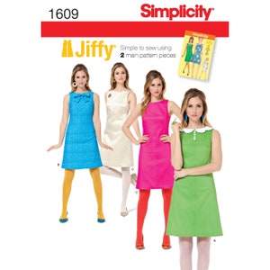 May include: A sewing pattern for a sleeveless dress with a simple design. The pattern is called "Jiffy" and is from Simplicity. The pattern includes four different dress styles: a blue dress with a bow, a white dress with a brooch, a pink dress, and a green dress with a white collar.