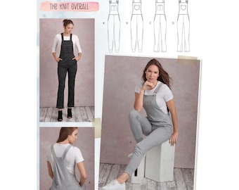 May include: Simplicity sewing pattern S8855 for a knit overall. The pattern includes four different views, A, B, C, and D. The pattern is for sizes XS-XL.