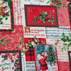 May include: A festive Christmas-themed fabric with a patchwork design. The fabric features red, green, and white colors with various Christmas motifs, including bells, holly, and Santa Claus. Text includes "A merry Christmas" and "Christmas Song".