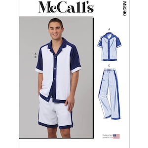 May include: McCall's sewing pattern for a pajama set. The pattern includes a short-sleeved shirt and shorts, both with white fabric and navy blue trim. The image also shows a model wearing the pajama set.