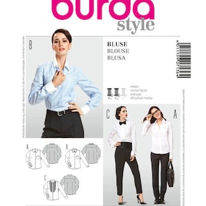 May include: A sewing pattern for a white blouse with long sleeves. The pattern is from Burda Style and is for sizes 36 to 50 (US sizes 10 to 24). The pattern is labeled "Bluse" in German, "Blouse" in English, and "Blusa" in Spanish.