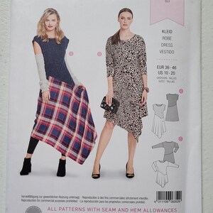 May include: Burda Style sewing pattern for a dress with seam and hem allowances. The pattern includes two different styles: a plaid dress with a long sleeve and a leopard print dress with a short sleeve. The pattern is for sizes EUR 36-46, US 10-20.