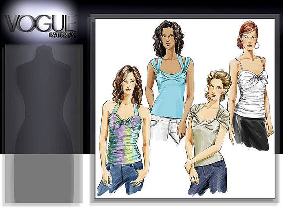 UNCUT Vogue V8251 Misses Womens Close Fit Pullover Top Tank Top Halter Top Camisole Top with Ruching Uncut Sewing Pattern Size 16-18 20