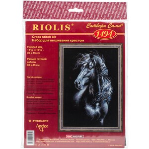 May include: Cross stitch kit featuring a black horse with a white mane and tail. The kit includes a color chart, Aida fabric, Zweigart Anchor stranded cotton, and needles. The finished size is 11 3/4 inches by 17 3/4 inches (30 cm x 45 cm).