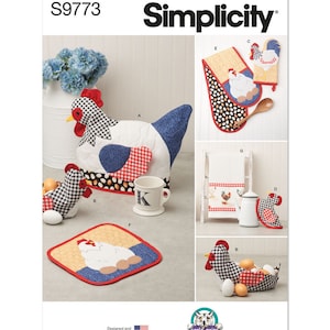 May include: A sewing pattern for a set of kitchen accessories featuring a chicken design. The pattern includes a teapot cozy, a hot pad, a potholder, an egg holder, and a tea towel. The pattern is designed by Carla Reiss and is printed in the USA.