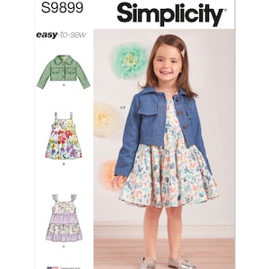 May include: A sewing pattern for a girl's dress and jacket. The pattern includes three different styles: a green jacket, a floral print dress with straps, and a tiered dress with ruffles. The pattern is labeled "S9899 easy-to-sew" and "Simplicity".