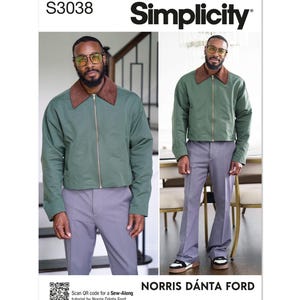 May include: Simplicity pattern S3038 features a green jacket with a brown collar and a zipper closure. The pattern also includes gray pants. The text "Simplicity" and "NORRIS DÁNTA FORD" are visible. A QR code is included.