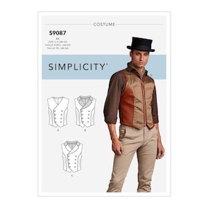 May include: Simplicity S9087 costume pattern. The pattern includes diagrams of vests. The image shows a man wearing a brown and tan vest with a black top hat and tan pants. The text on the pattern reads "COSTUME" and "SIMPLICITY".