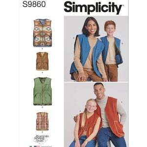 May include: Simplicity sewing pattern S9860 for vests. The pattern includes four different vest designs: a brown vest with a zipper, a green vest with a zipper, a red vest with a zipper, and a patterned vest with a zipper. The pattern is designed and printed in the USA.