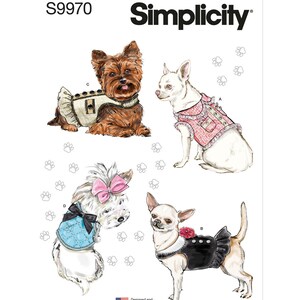 May include: Simplicity sewing pattern S9970 for dog clothes. The pattern includes four different styles of dog clothes: a pink and white plaid vest with a ruffle, a black vest with a ruffle, a blue vest with a bow, and a beige vest with a ruffle. The pattern is designed and printed in the USA.