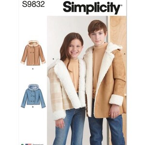 May include: Simplicity sewing pattern S9832. The image shows a pattern for hooded coats. Two children are wearing the coats. One coat is tan with a white faux fur lining, and the other is a plaid pattern with white faux fur lining. The pattern is designed and printed in the USA.