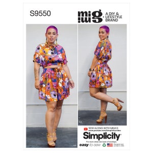 May include: A sewing pattern for a two-piece outfit, featuring a cropped top and a skirt with a floral print. The pattern is from the Simplicity brand and is labeled "easy-to-sew".