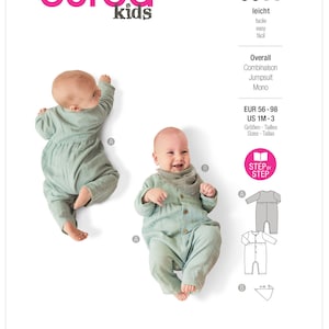 May include: Burda Kids sewing pattern number 9258 for an overall, jumpsuit, or mono. The pattern is for sizes 56-98 cm (1M-3) and is labeled "leicht" (easy). The pattern includes step-by-step instructions.