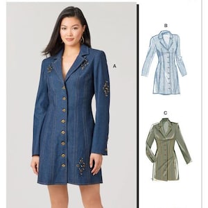 May include: A denim dress with long sleeves and a button-down front. The dress features decorative gold-colored embellishments and buttons. The McCall's logo is at the top. The image also includes illustrations of similar designs.