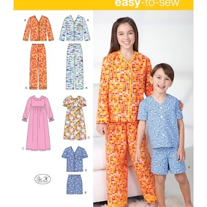 May include: Simplicity sewing pattern number 1575 for pajamas. The pattern includes a long-sleeved pajama top and pants for a girl, a short-sleeved pajama top and shorts for a boy, a long-sleeved nightgown for a girl, and a short-sleeved nightgown for a girl.